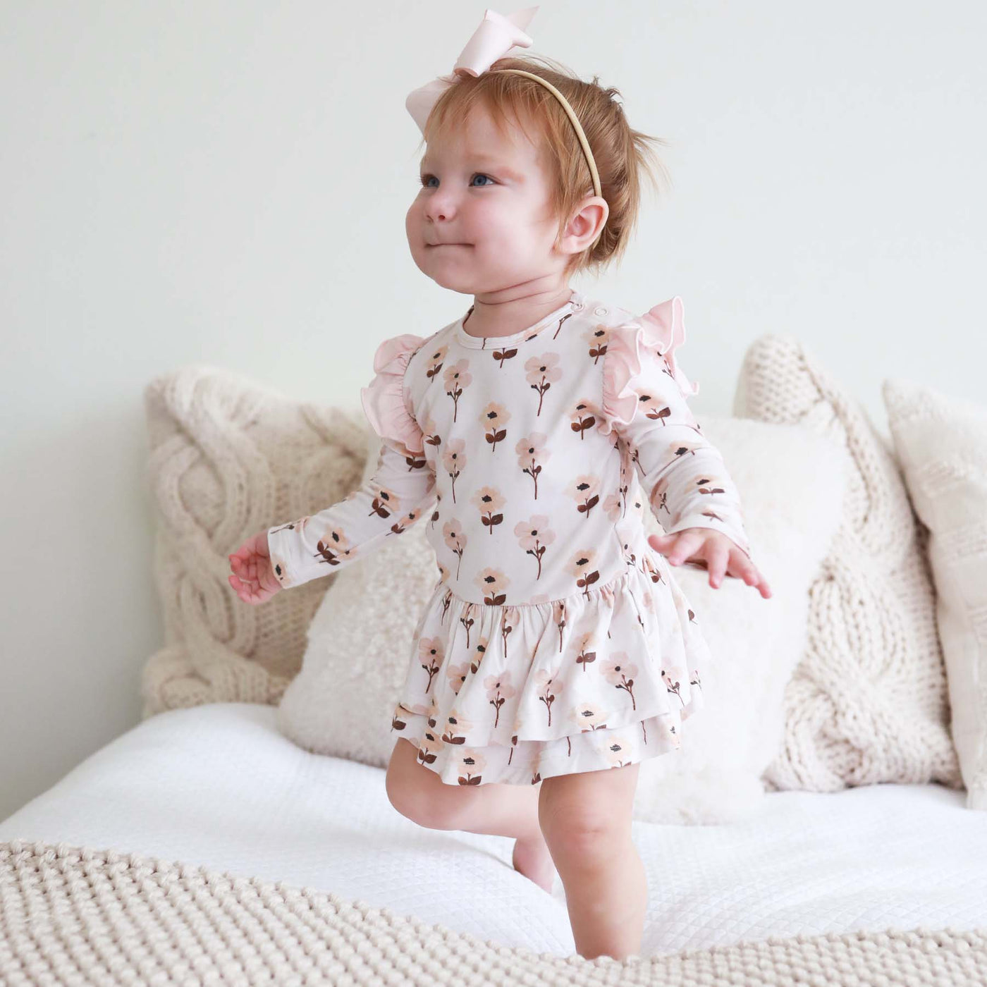 vera's vintage floral long sleeve ruffled bodysuit for babies with skirt 