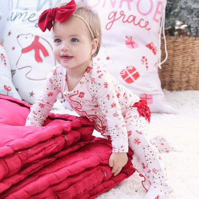 very merry pink christmas footie for babies with ruffles 