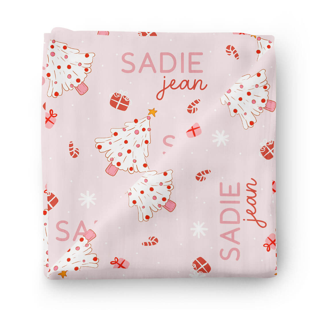 Very Merry Personalized Swaddle Blanket | Pink