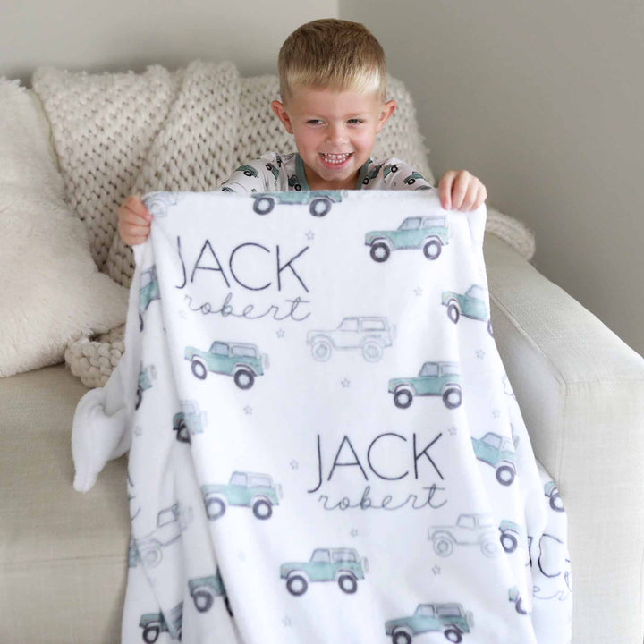 kids personalized vintage car name blanket 