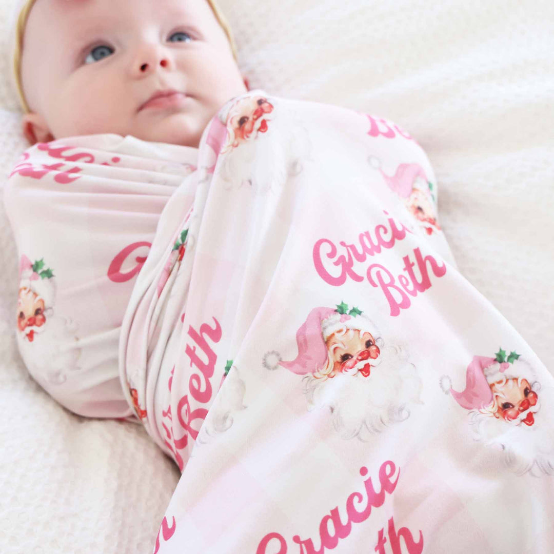 pink santa personalized swaddle blanket for babies 