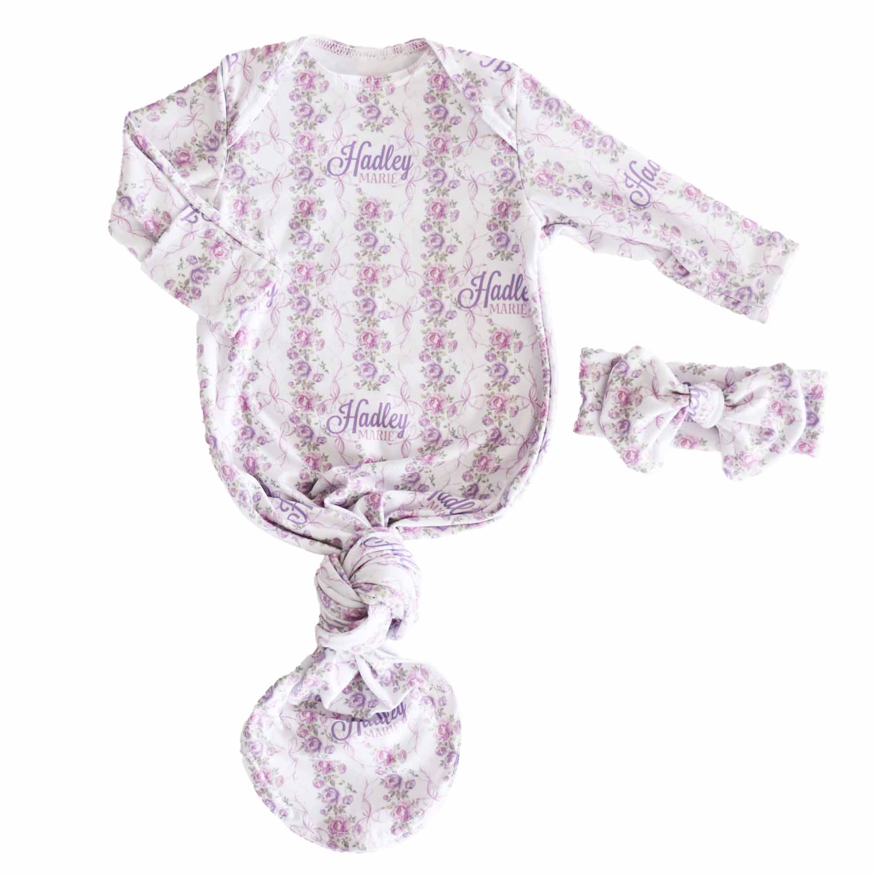 violet vines personalized newborn knot gown for girls with headwrap