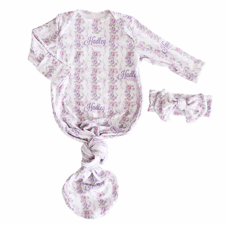 violet vines personalized newborn knot gown for girls with headwrap