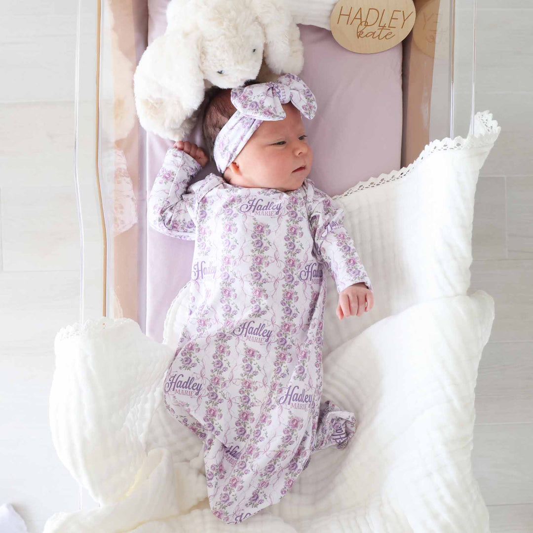 floral personalized knot gown  for babies with headwrap