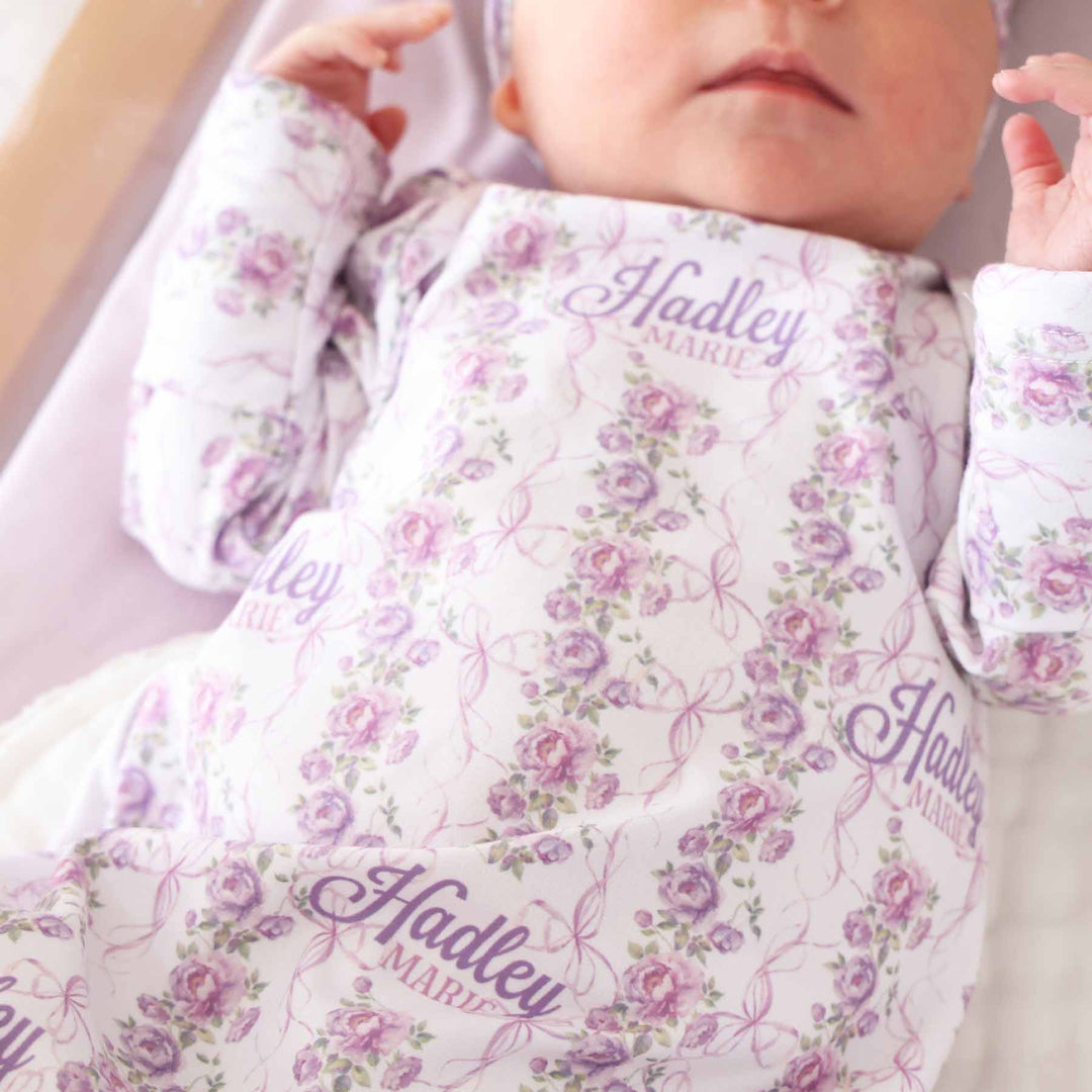 violet vines personalized newborn knot gown for baby girls 