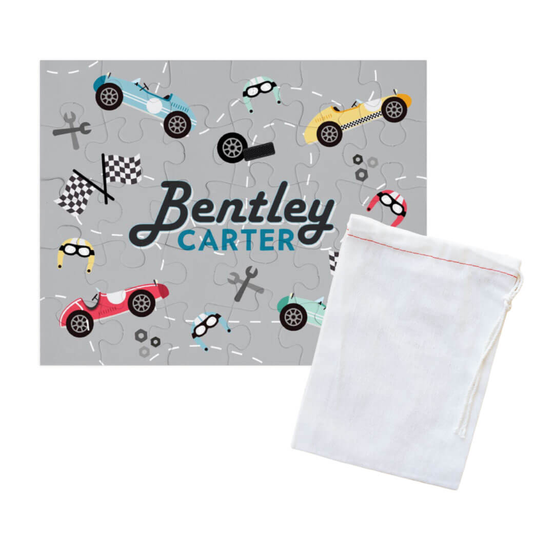 racecar personalized puzzle for kids with a drawstring bag