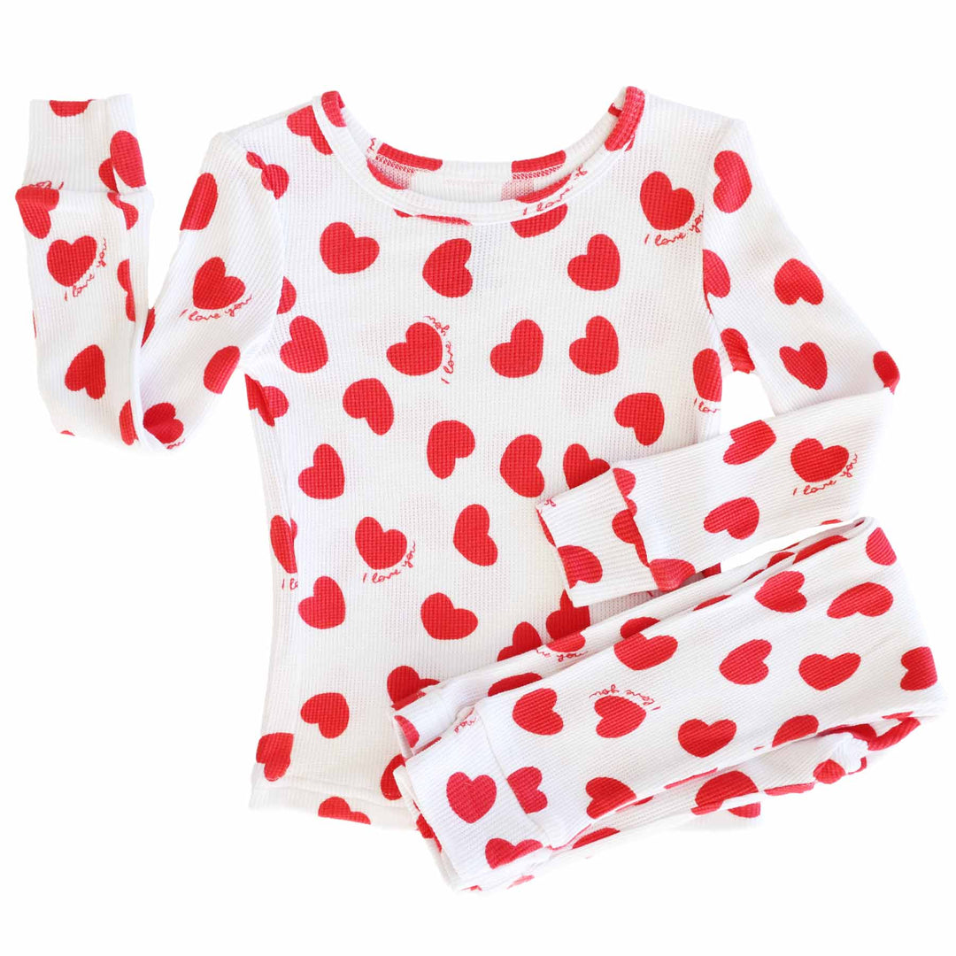 bamboo waffle valentine's day pajamas for kids white with red hearts 