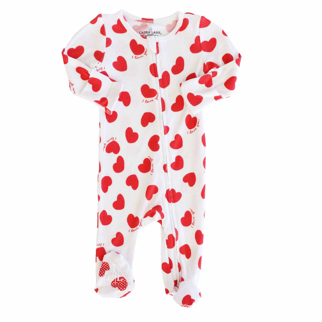 waffle bamboo zipper footie white with red hearts 