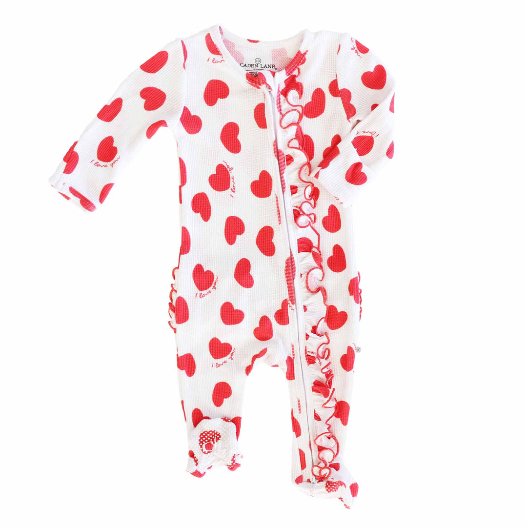 waffle heart ruffle zipper footie for babies i love you 