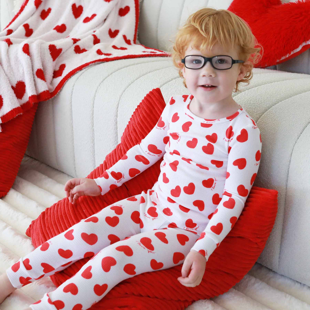 kids bamboo two piece pajama set for valentine's day white with red hearts i love you 