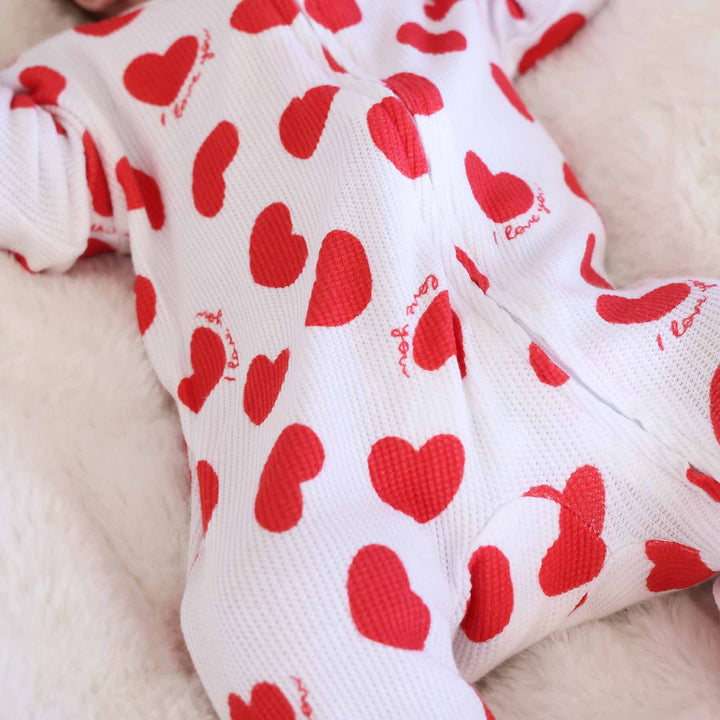 baby zipper footie with hearts for valentine's day bamboo waffle 