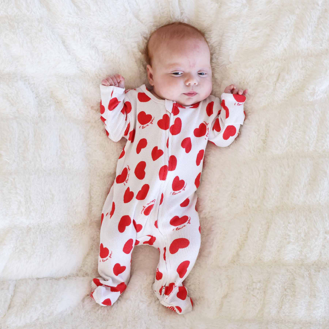 gender neutral valentine's day zipper footie white with red hearts