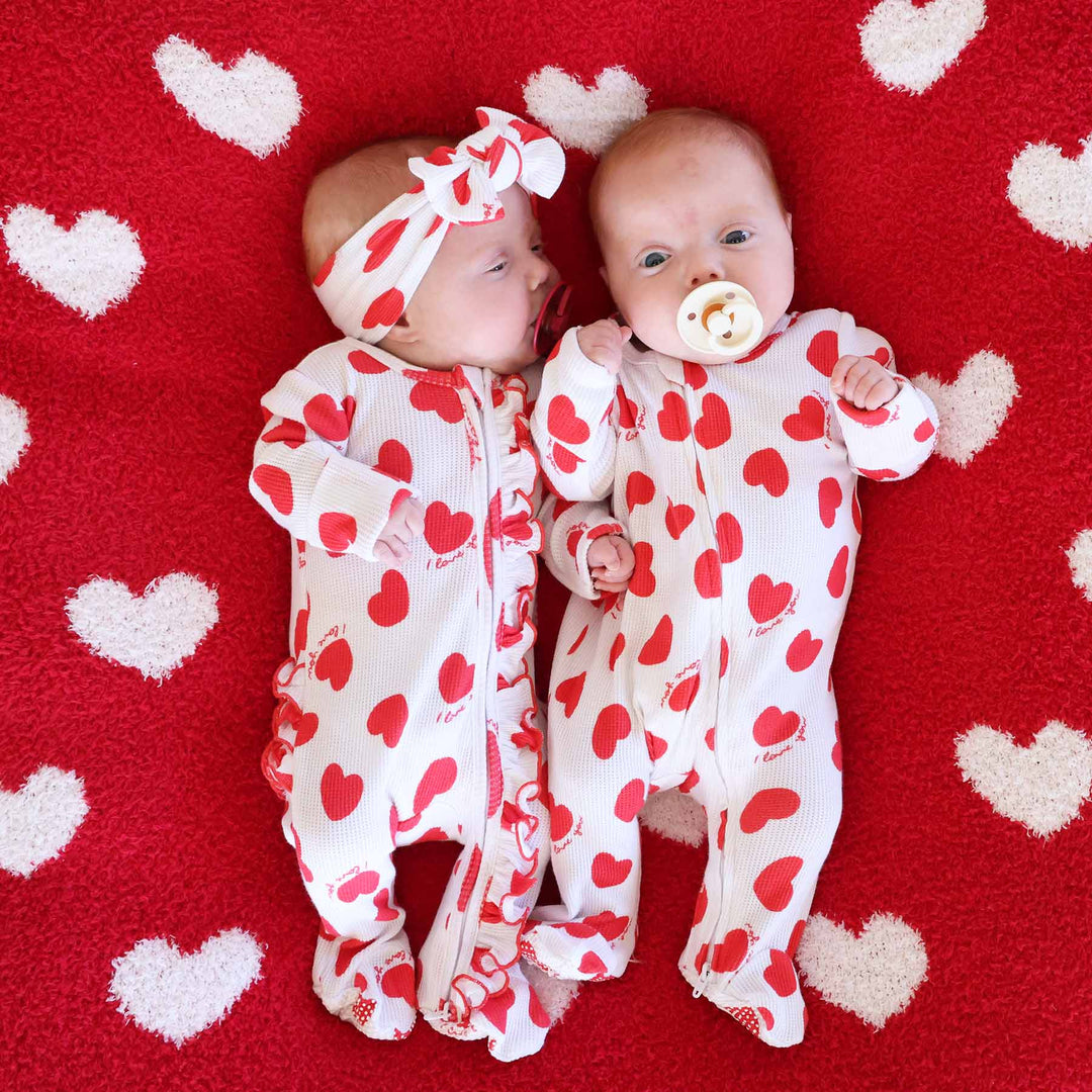 white i love you zipper footie for babies 
 with red hearts