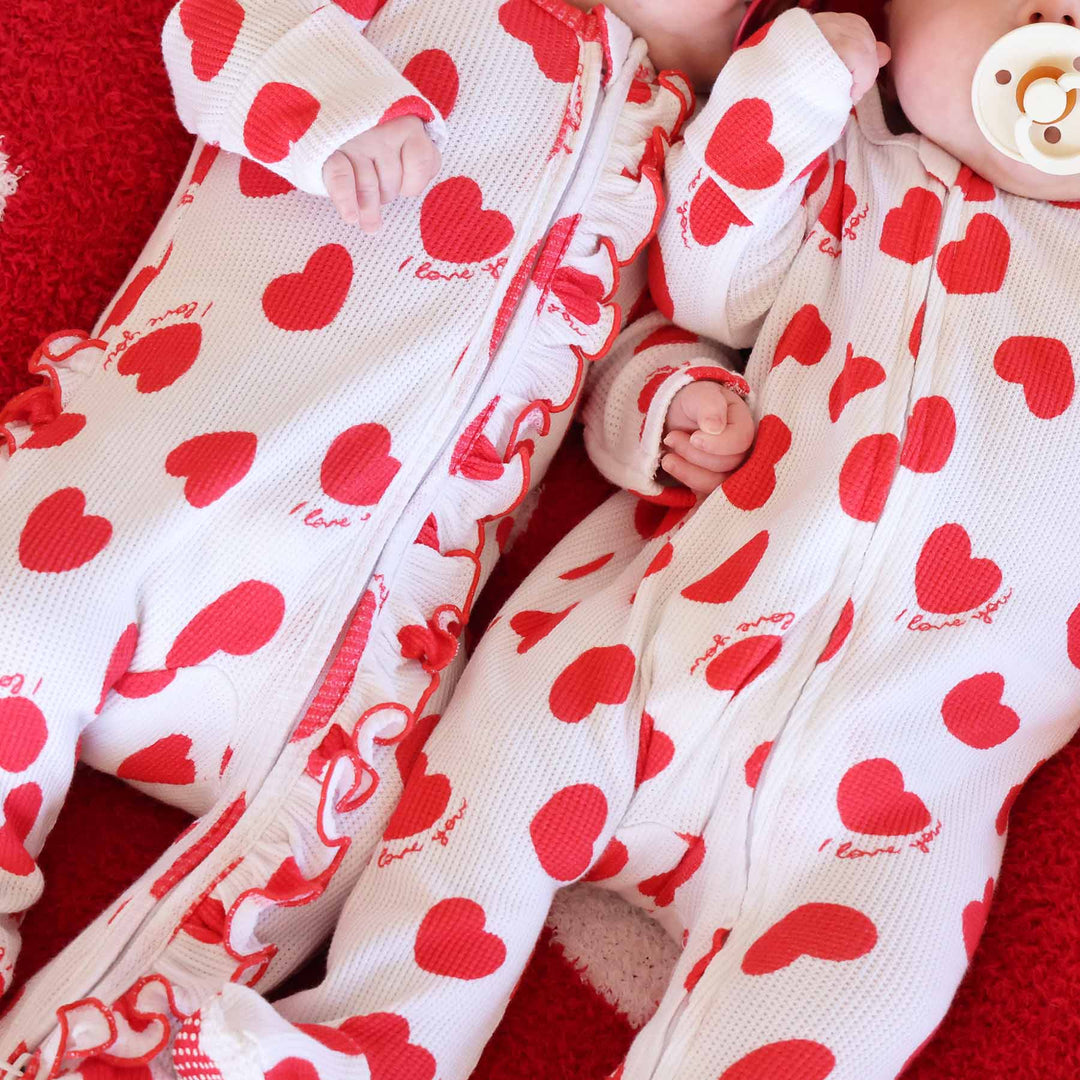 waffle heart ruffle zipper footie for babies 