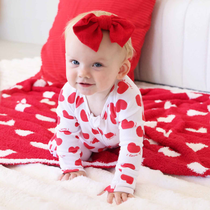 white with red hearts bamboo waffle pajama romper for babies 