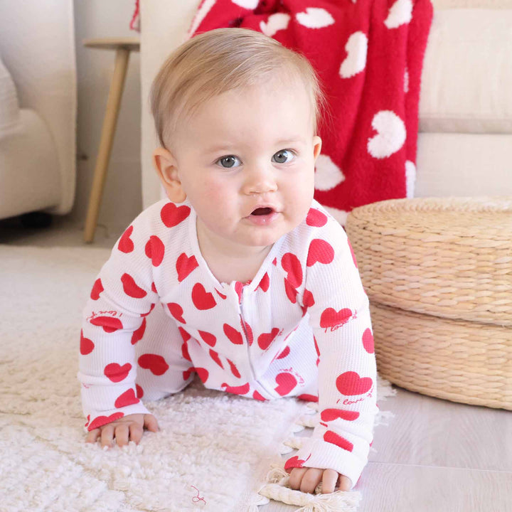 bamboo waffle valentine's day convertible zip romper pajama for babies and toddlers 