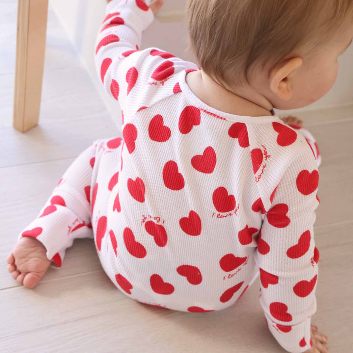 bamboo waffle heart pajama romper for babies and toddlers valentine's day