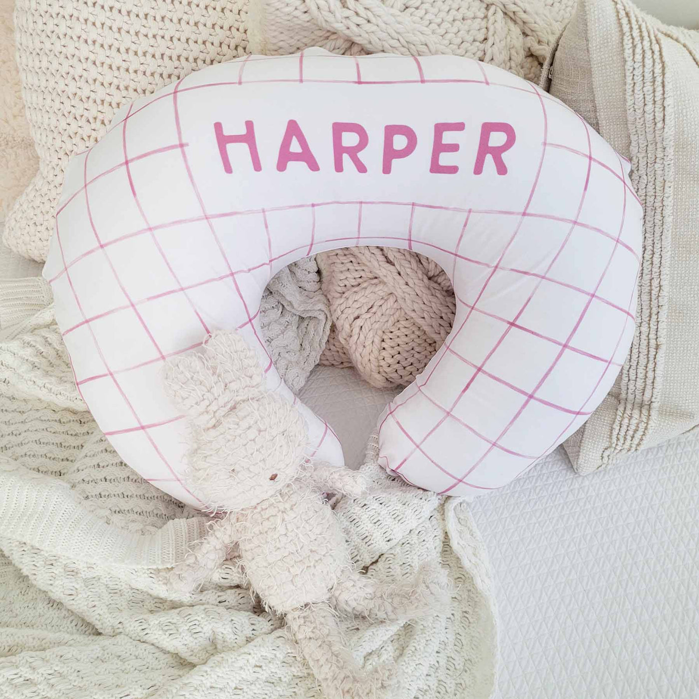 nursing pillow cover for babies personalized with name pink grid 