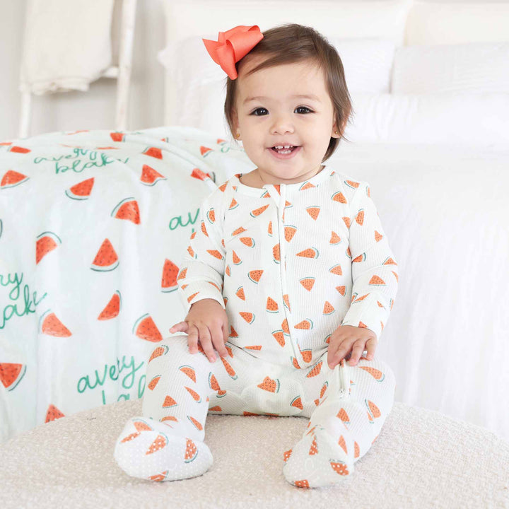watermelon bamboo waffle zipper footie for babies 