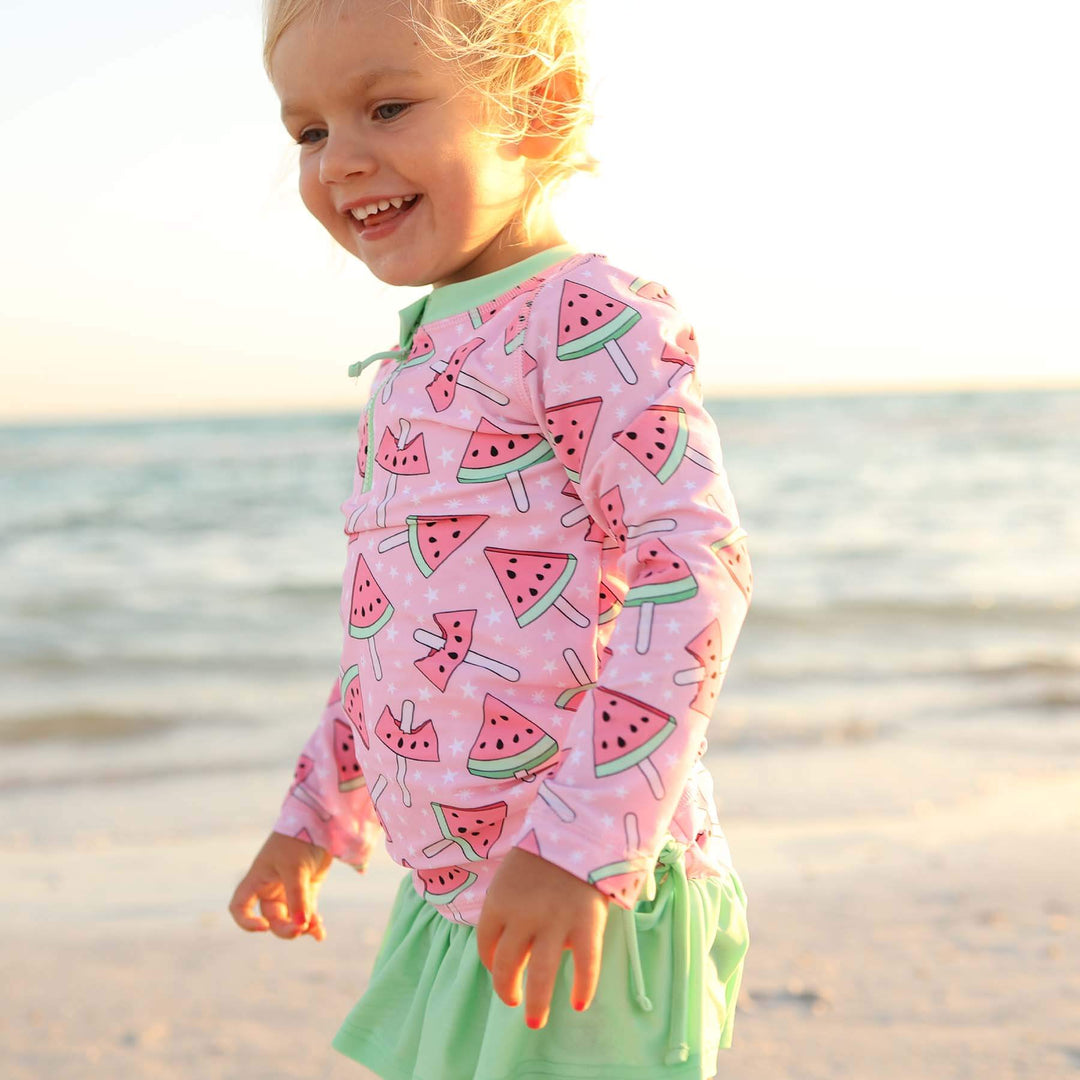 ruffle skirt rash guard for girls pink and green watermelon