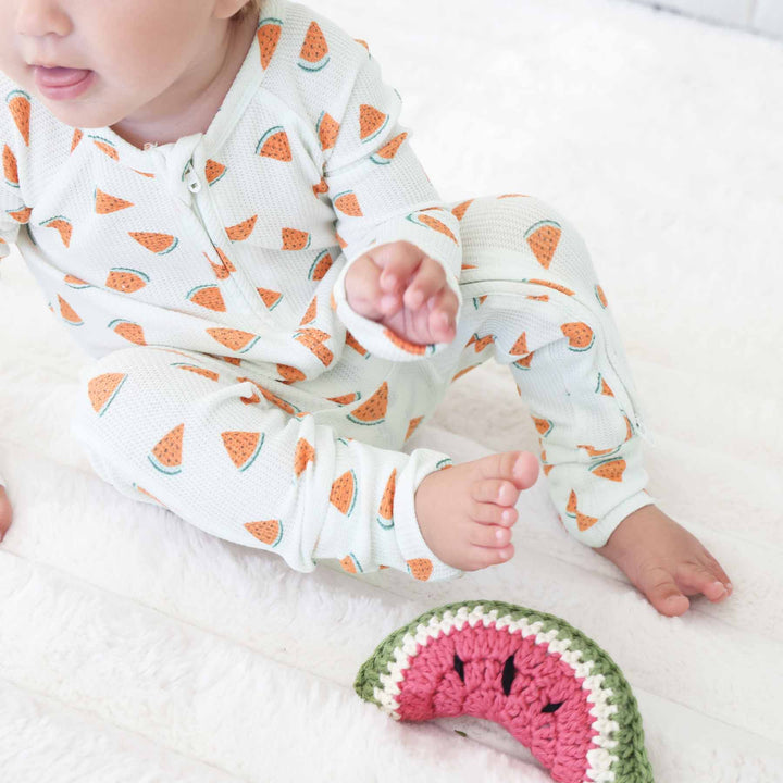 watermelon bamboo waffle convertible zip romper for babies and toddlers