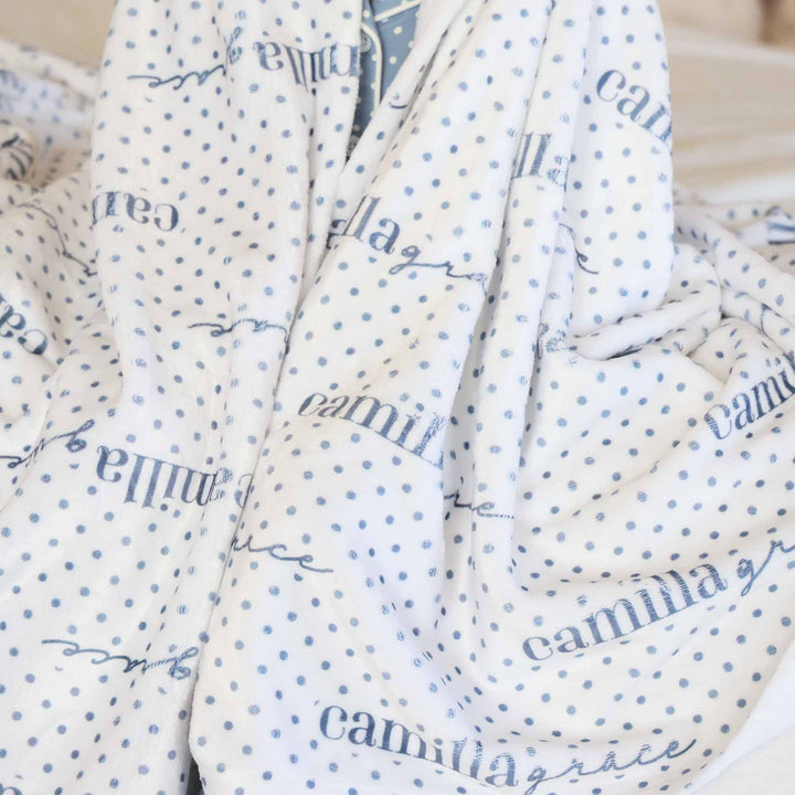 personalized blanket for kids white with blue polka dots