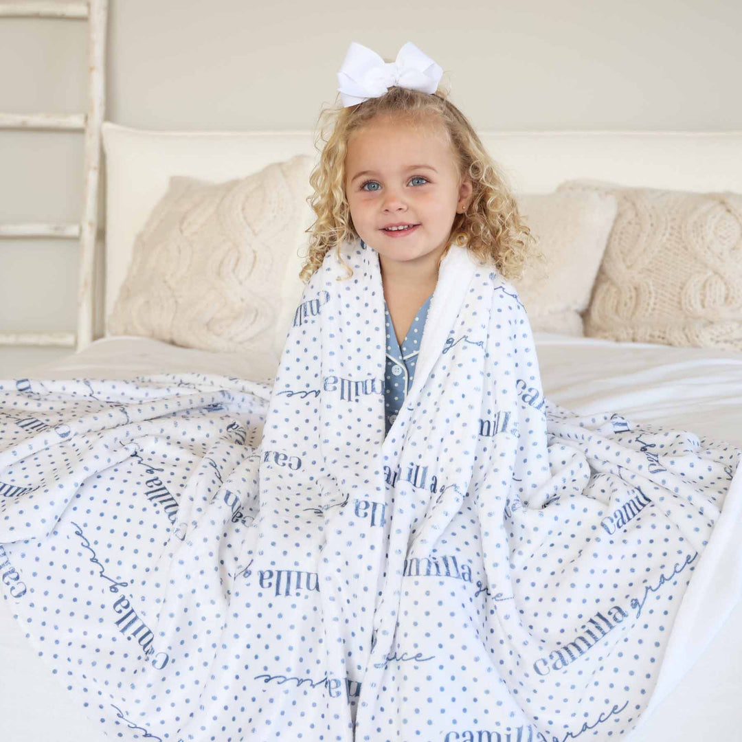 blue and white polka dot personalized blanket for girls 