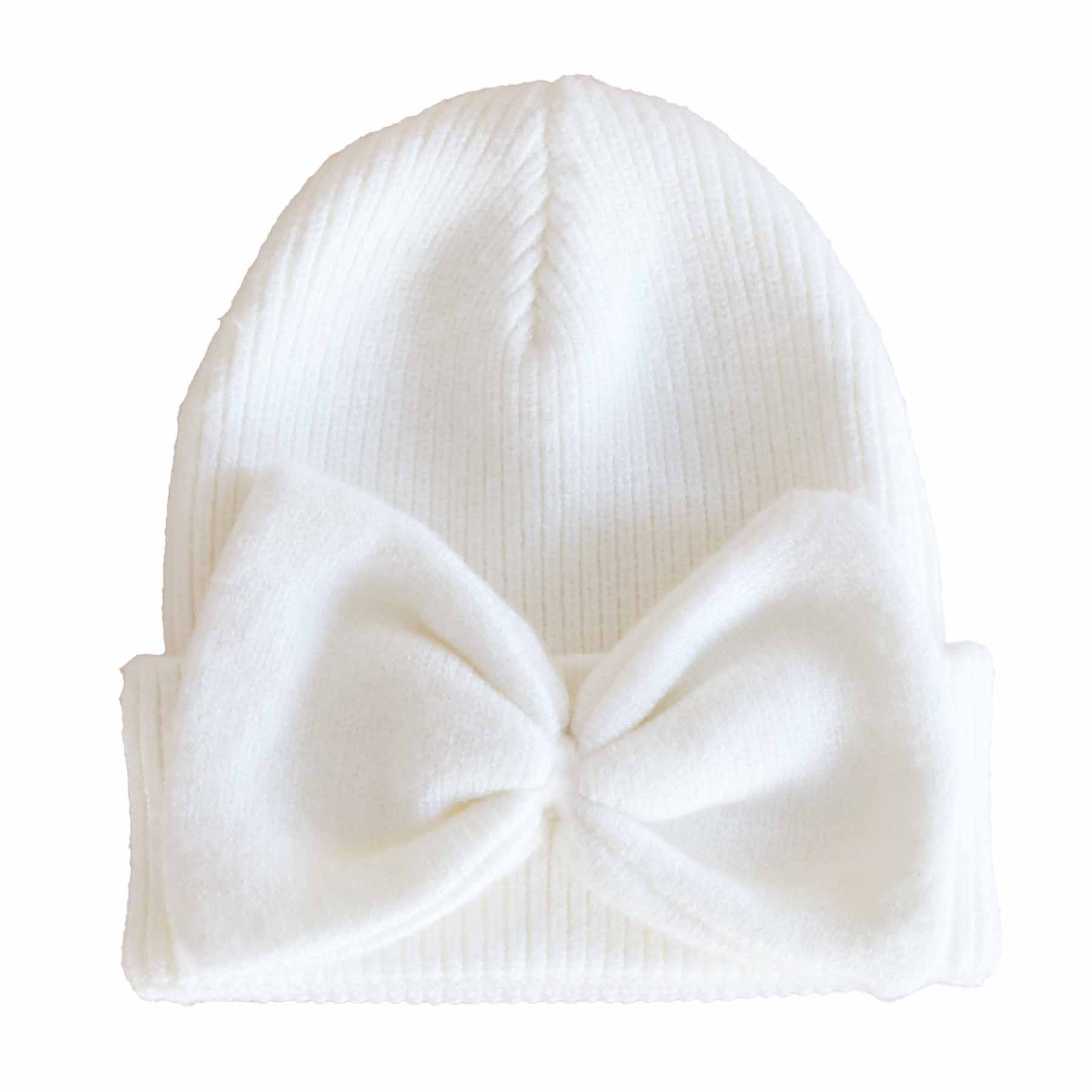 Knit Newborn Bow Beanie in Light Ivory | Caden Lane