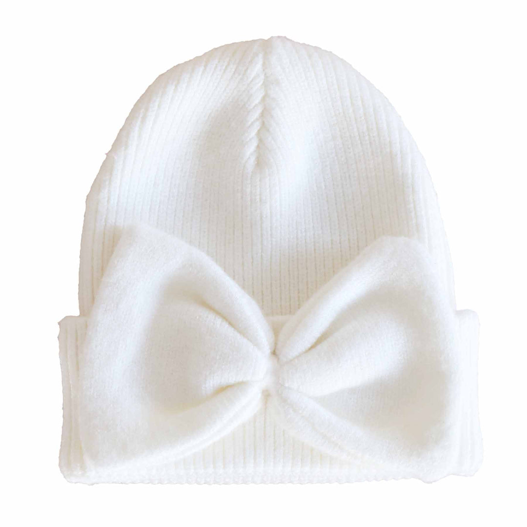 Knit Newborn Bow Beanie | Light Ivory