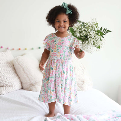 willow's whimsy floral dress for kids with pockets shin length