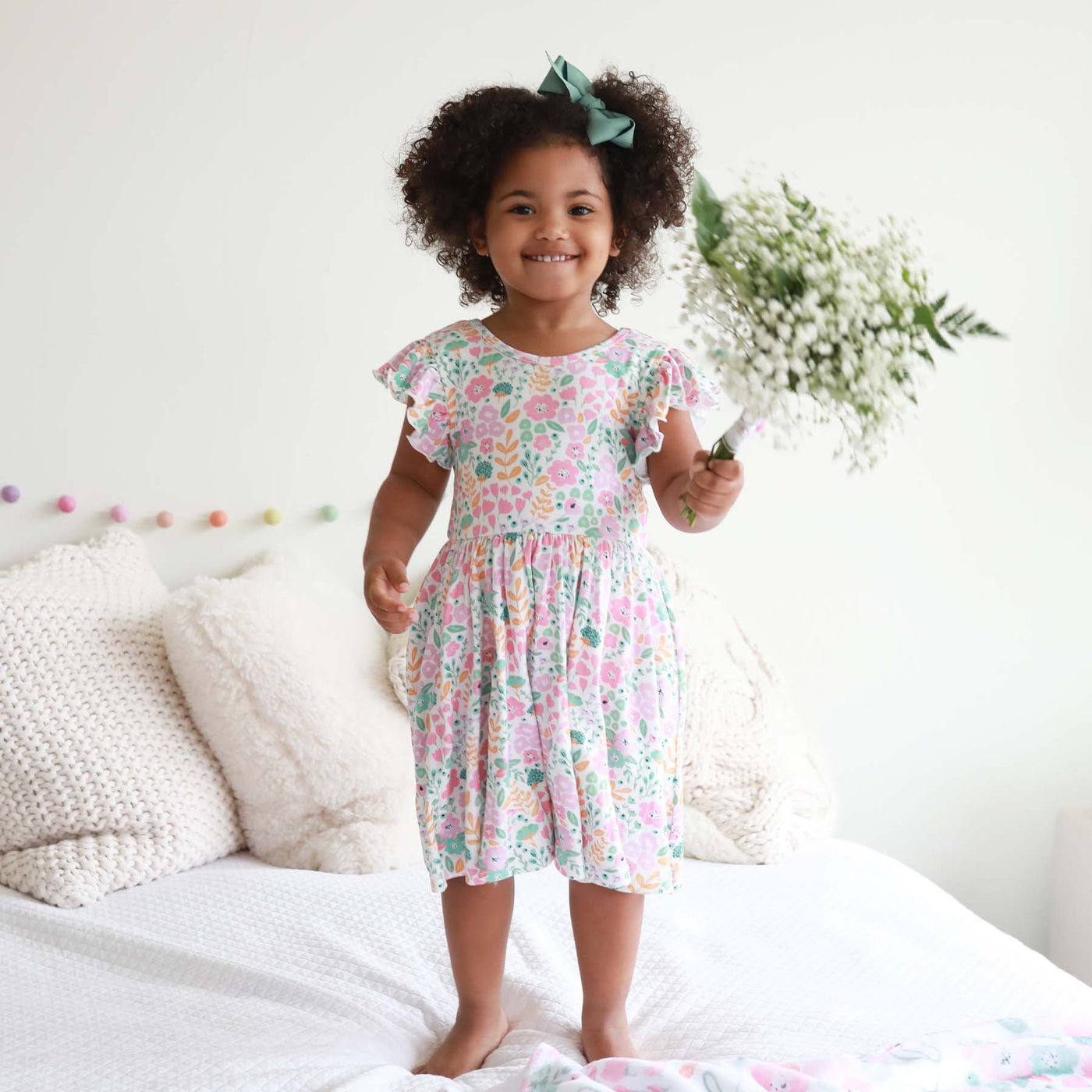 floral dress for kids with pockets and ruffle sleeves 