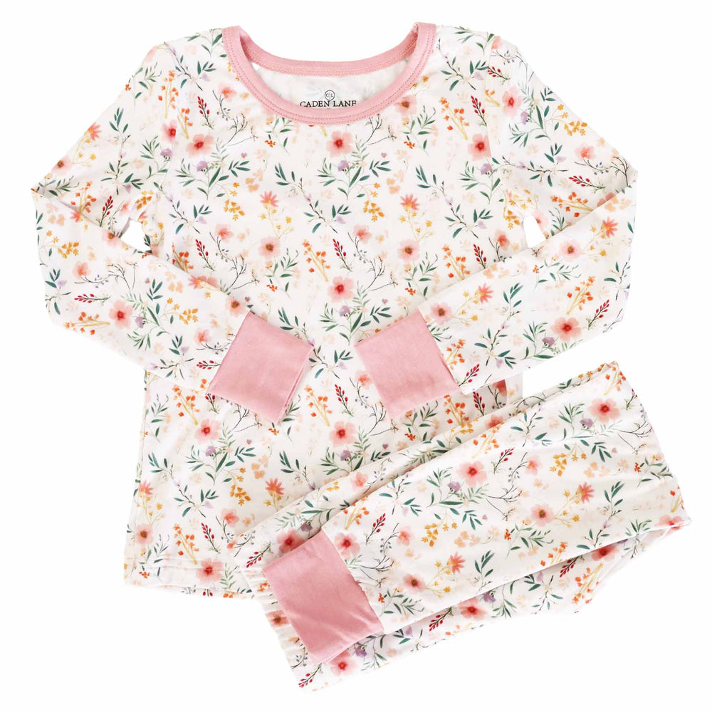 baby pink and watercolor wildflower print 2pc sleep pajamas for girls