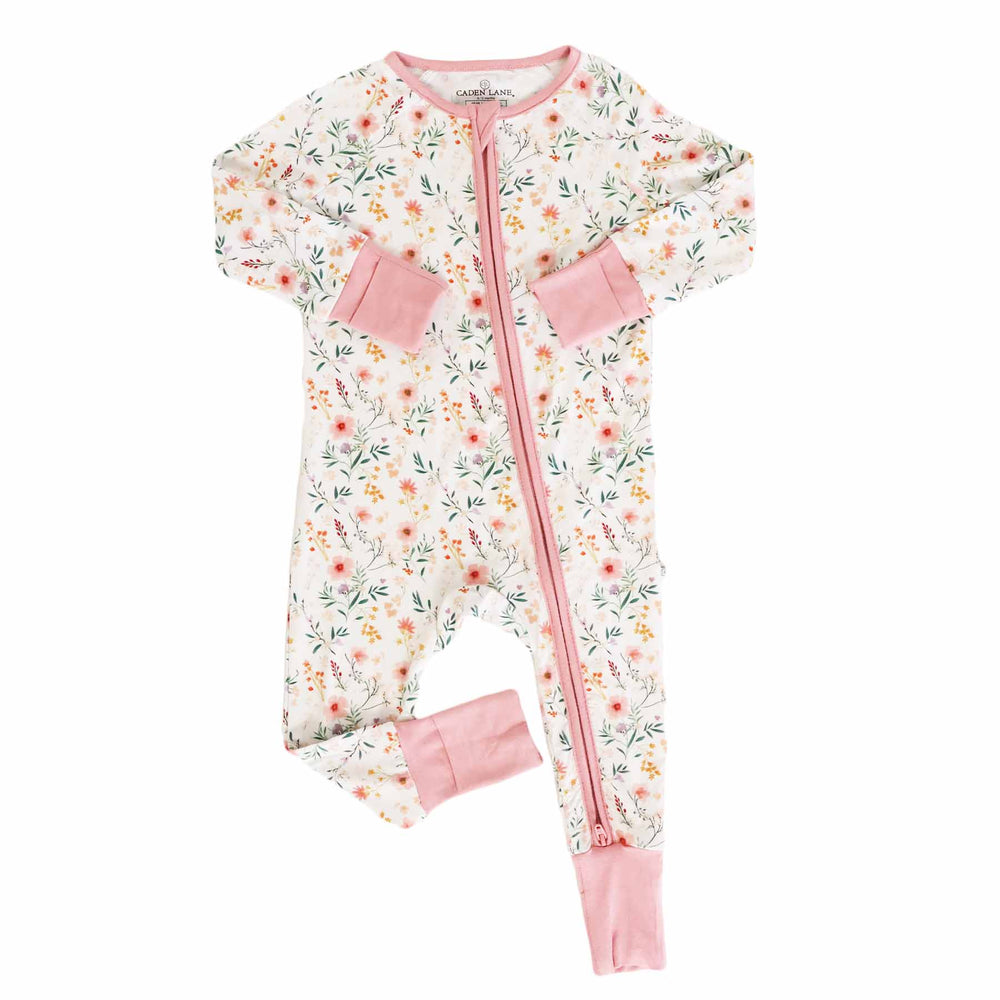 light pink and soft wildflower print convertible zip sleep romper for girls