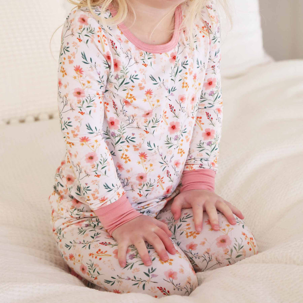 light pink and girly floral print 2 piece pajama set for girls