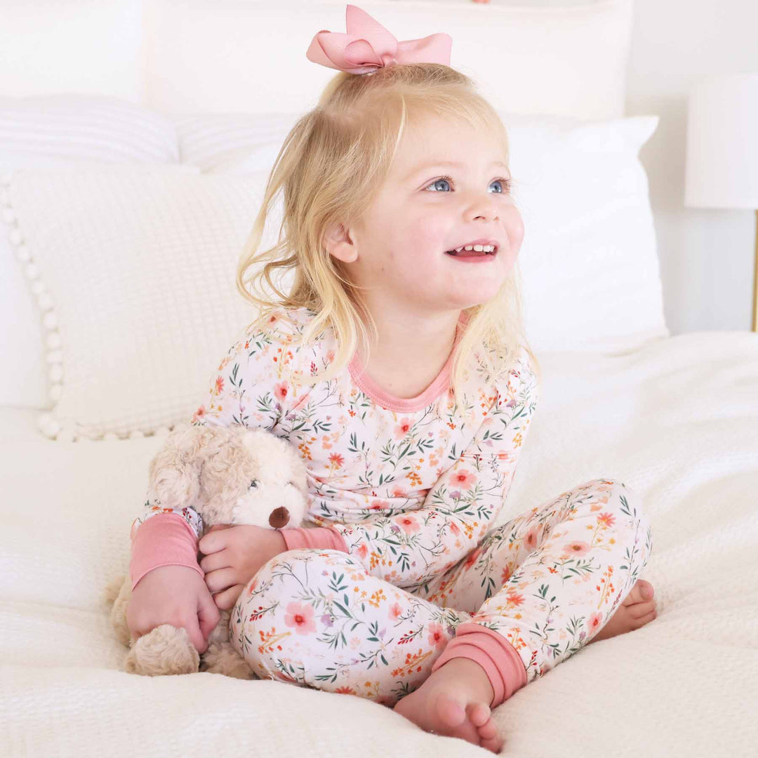 baby pink and watercolor flower print 2pc sleep pajamas for girls