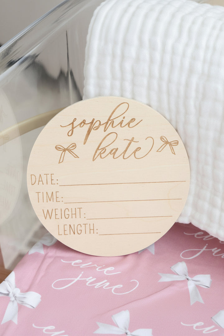 bow wood stats name sign for newborn girls 