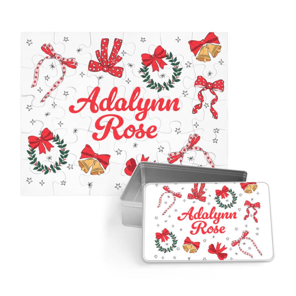 wrapped in a bow personalized puzzle with matching tin 