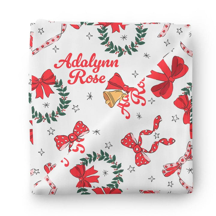 christmas bow and breath personalized swaddle blanket for baby girls 