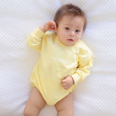 yellow personalized long sleeve bubble romper 