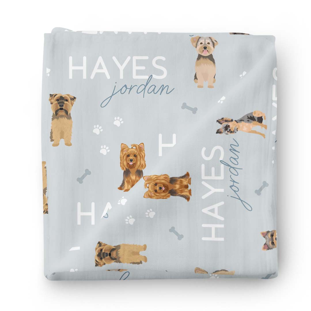 blue personalized baby name swaddle blanket yorkie 