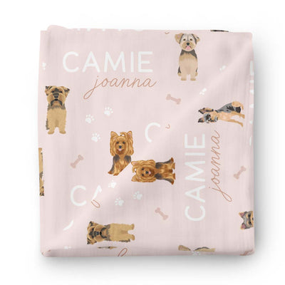 pink personalized swaddle blanket with yorkies 