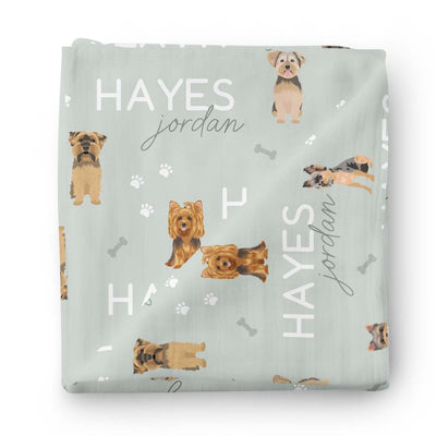 sage green swaddle blanket for babies personalized with yorkies