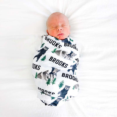 bear and mountain personalized baby swaddle