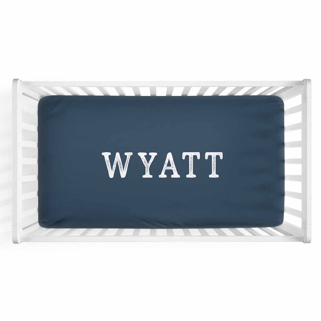 Personalized Baby Name Dark Navy Color Jersey Knit Crib Sheet in Block Print