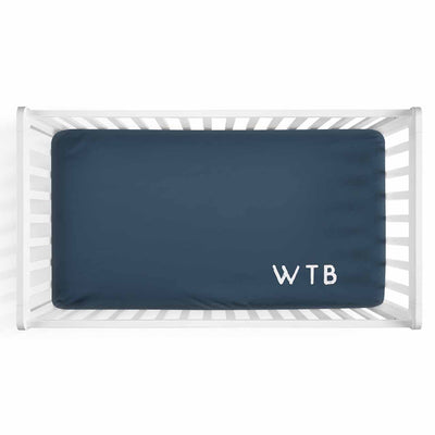 Personalized Baby Name Dark Navy Color Jersey Knit Crib Sheet in Corner Initials Style