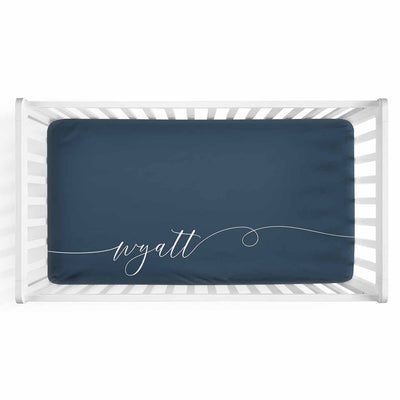 Personalized Baby Name Dark Navy Color Jersey Knit Crib Sheet in Swash Line Script