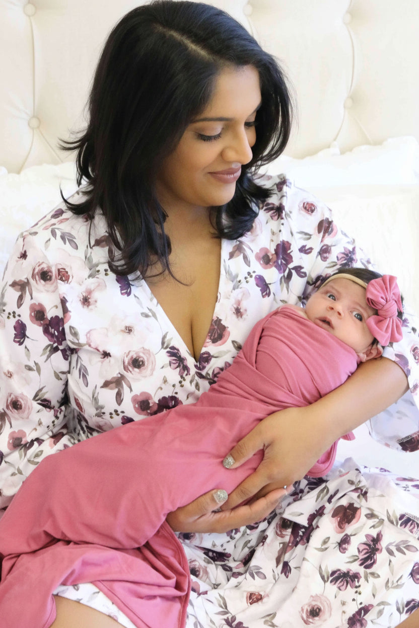 Mommy and me matching maternity robe and baby knot gown in the Demi Dusty print