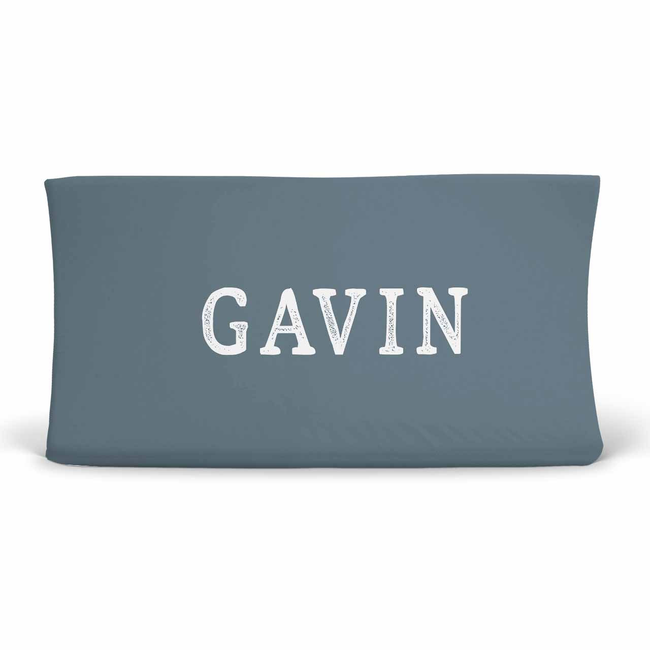 Personalized Dusty Blue Jersey Knit Changing Table Cover with Block Print