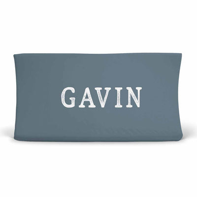 Personalized Dusty Blue Jersey Knit Changing Table Cover with Block Print