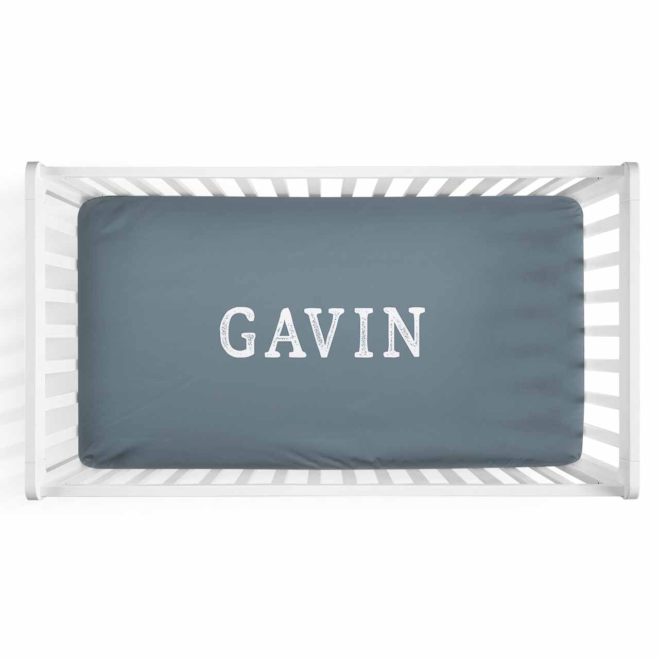 Personalized Baby Name Dusty Blue Color Jersey Knit Crib Sheet in Block Print Style